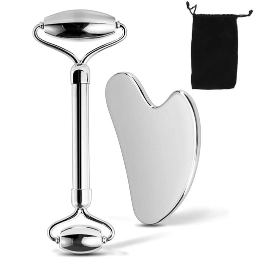 Rodillo Facial y Gua Sha de Acero Inoxidable
